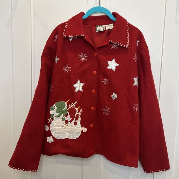 Vintage Womens Red Wool Blend Snowman Cardigan Jacket Blanket Stitch Take Two LG - Picture 1 of 7